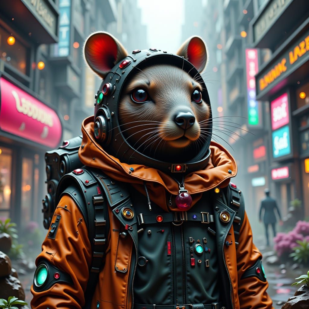 Futuristic Cyberpunk Capybara in Dystopian Cityscape