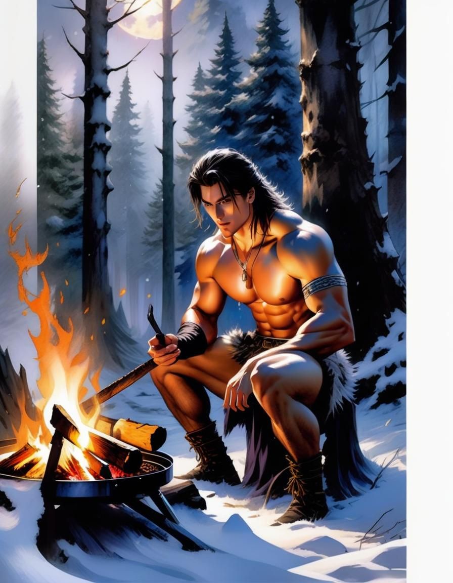 Fantasy Illustration: Shirtless Man in Snowy Forest
