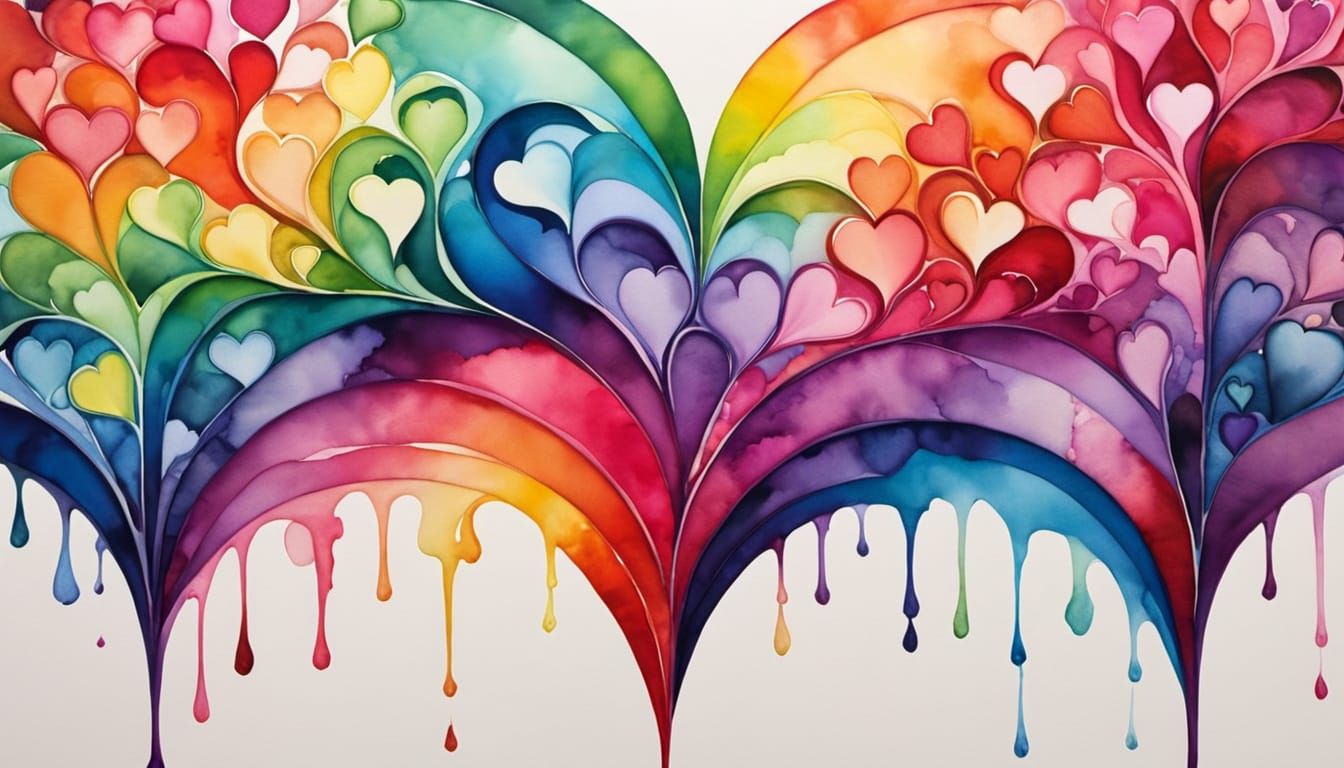 Fractal Rainbow Hearts in Vibrant Watercolor Style