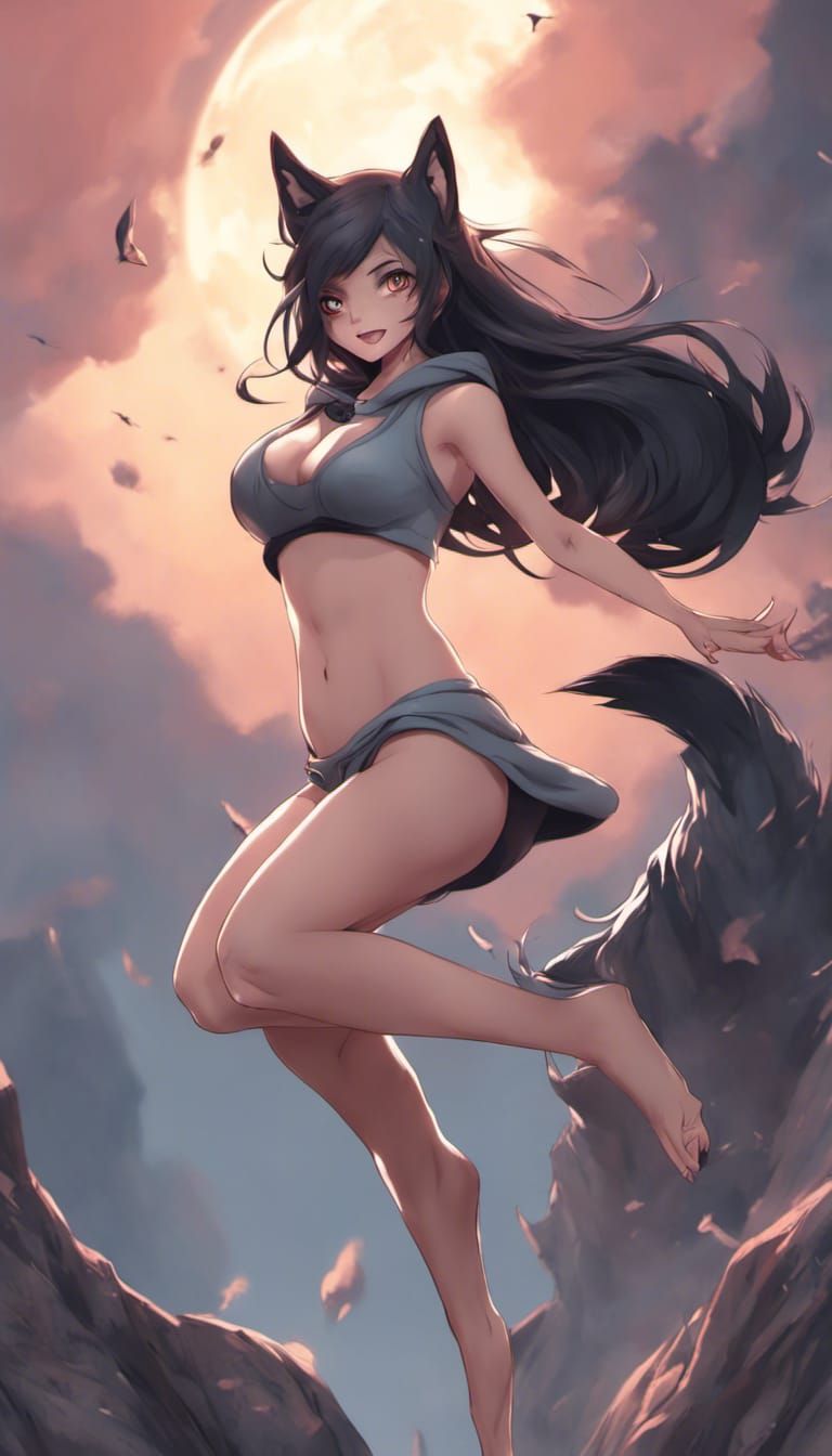 Anime Wolf Girl Jumping in Air, Digital Art