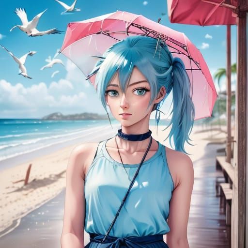 Whimsical Anime Beach Scene with Pastel Colors and Soft Focu...