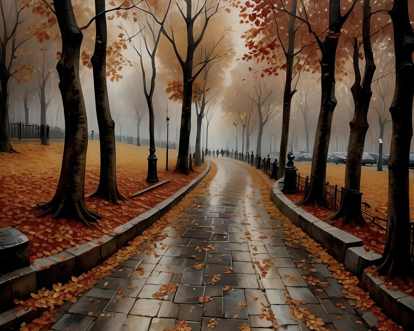 Autumn Pathway in Paris: Detailed Matte Painting