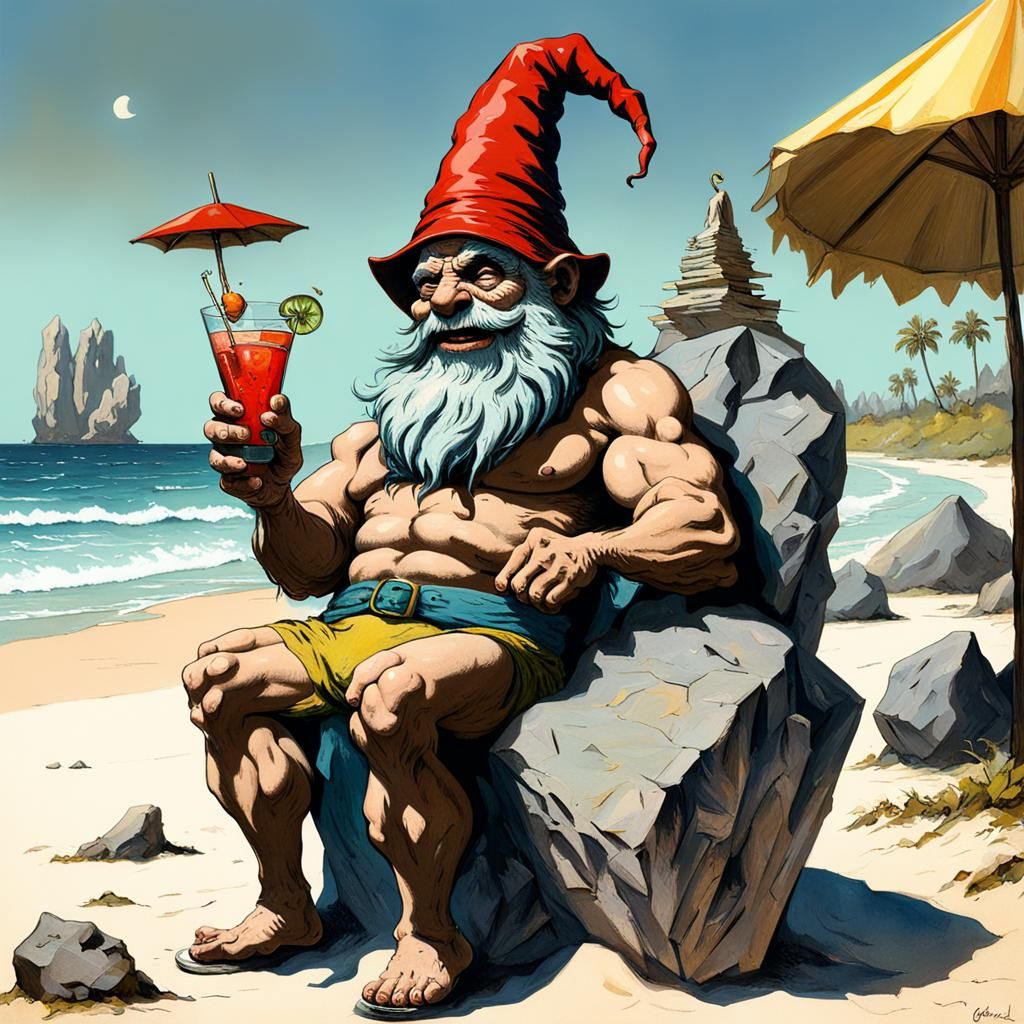 Rock Gnome Enjoying a Cocktail on Sunny Beach