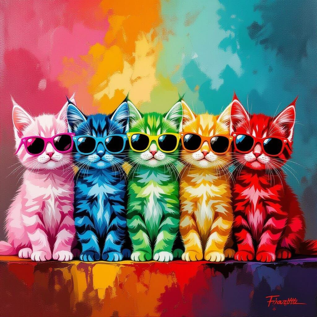 Kittens in Sunglasses: An Energetic Oil Painting
