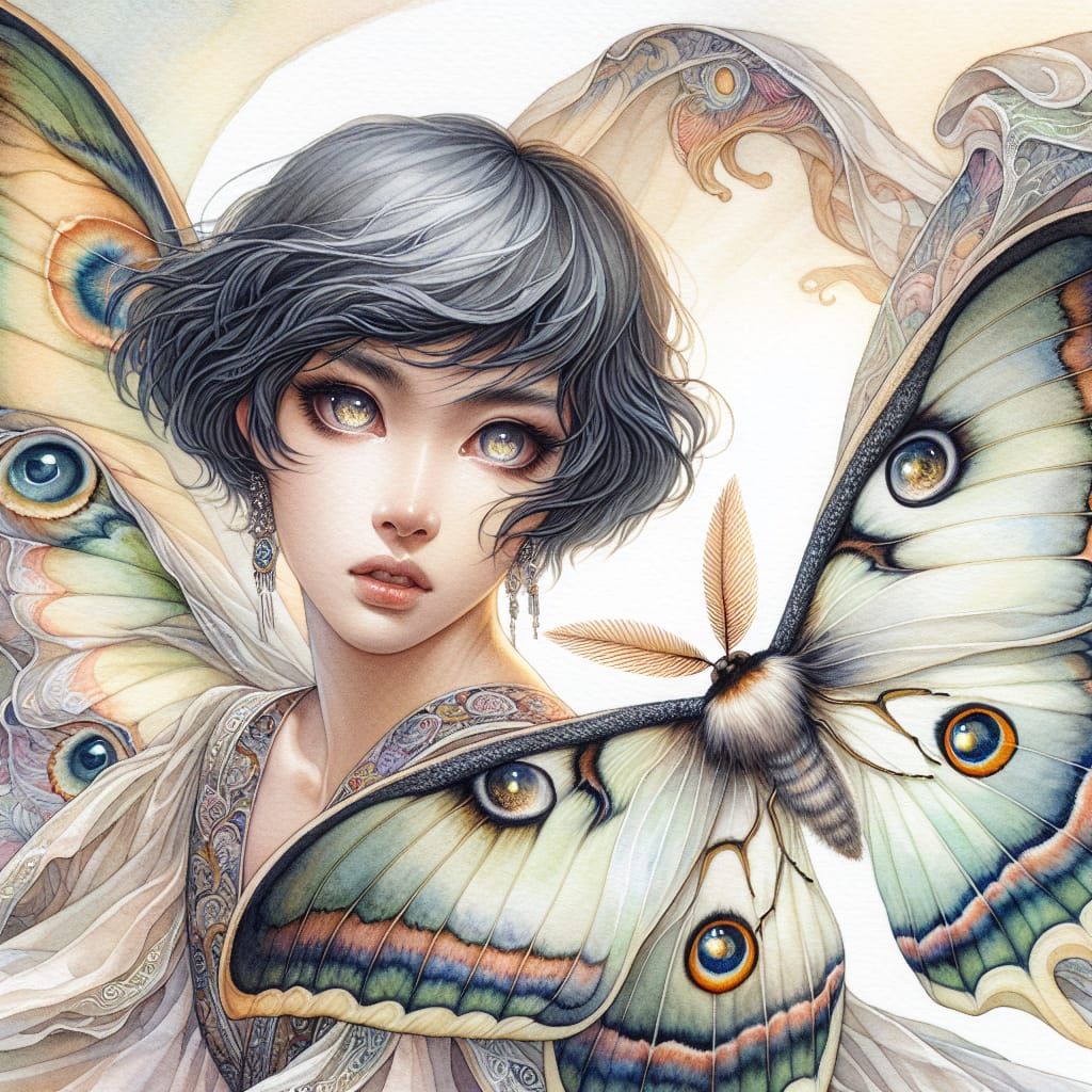 South Asian Lunar Moth Fairy in Watercolor