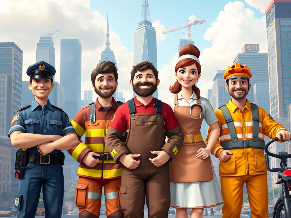 Diverse Professionals in a Stylized Cityscape Illustration