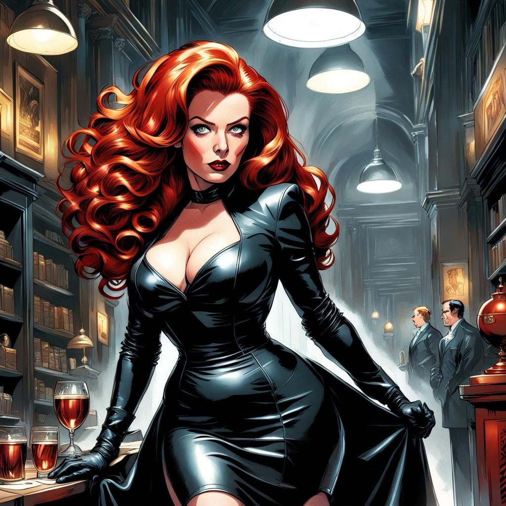 Glamorous Woman in Leather Dress, Comic Book Art