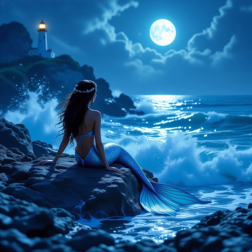 Mermaid Gazing at Lighthouse, Fantasy Concept Art