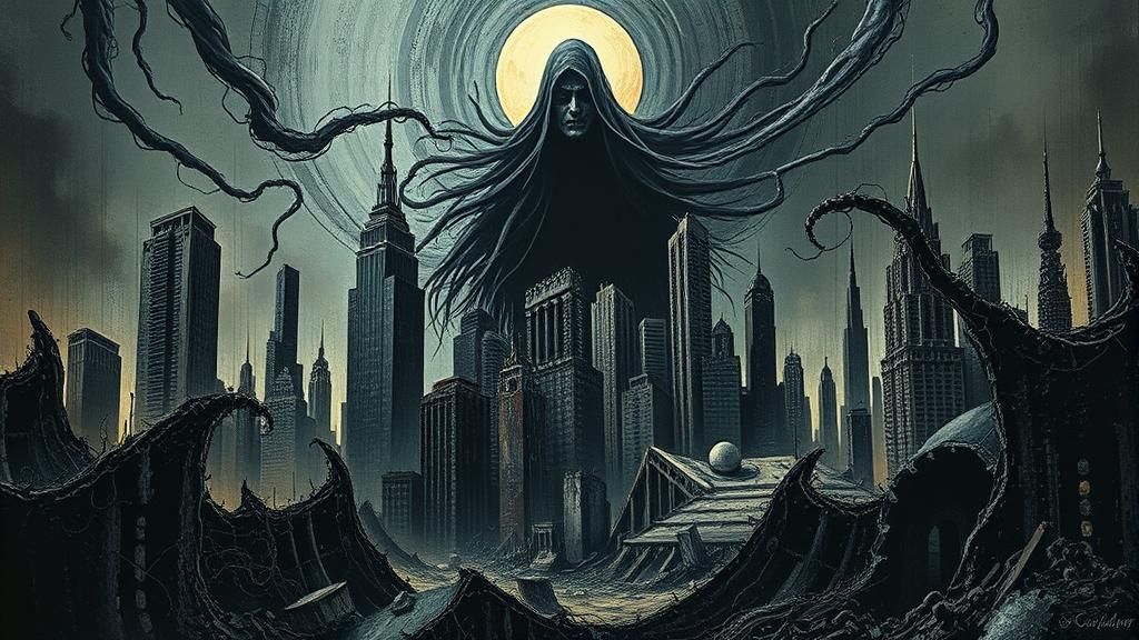 Dystopian Figure in Surreal Melting Cityscape