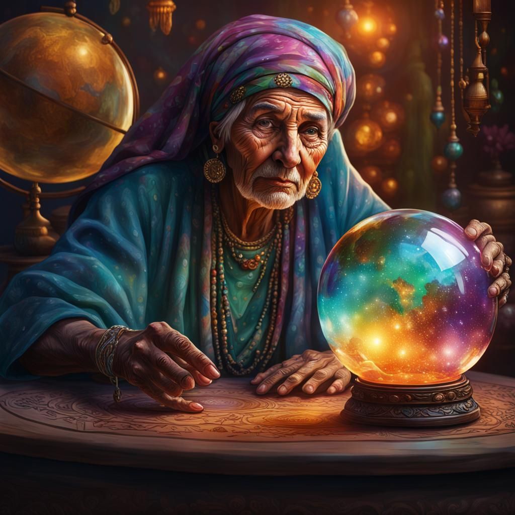 Old Gypsy Fortune Teller with Iridescent Globe