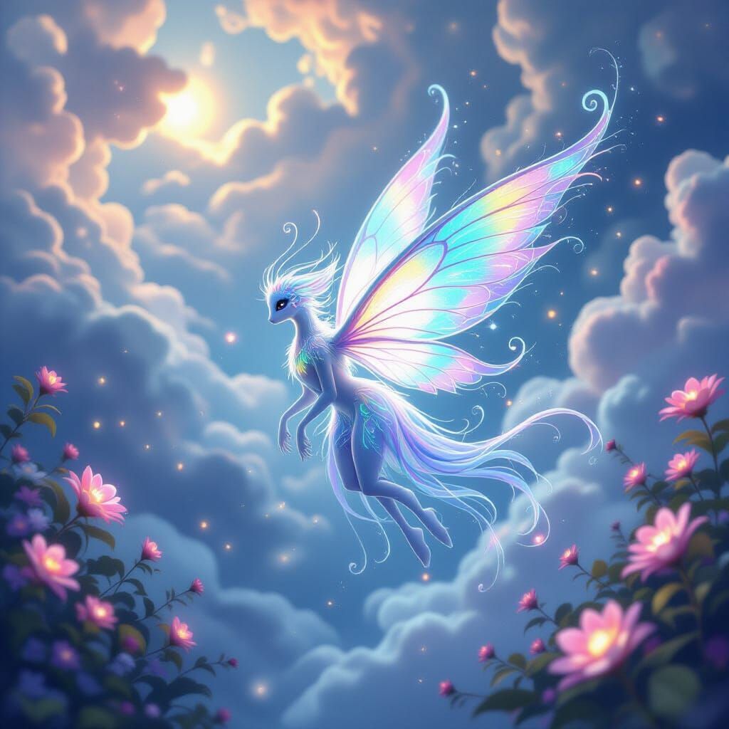 Whimsical Bioluminescent Creature in Ethereal Cloudscape