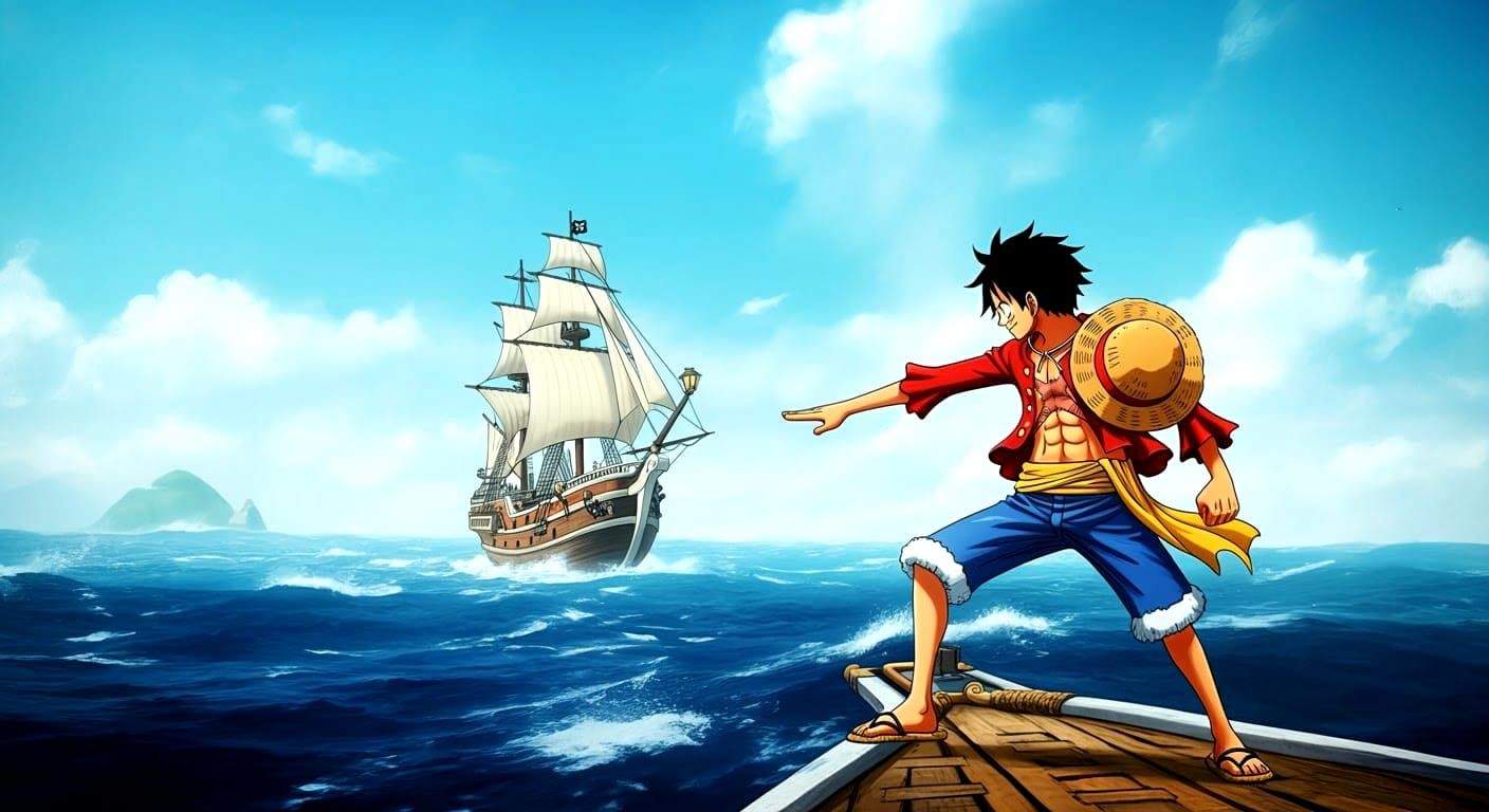 Luffy Stretching Between Ships in Anime Style