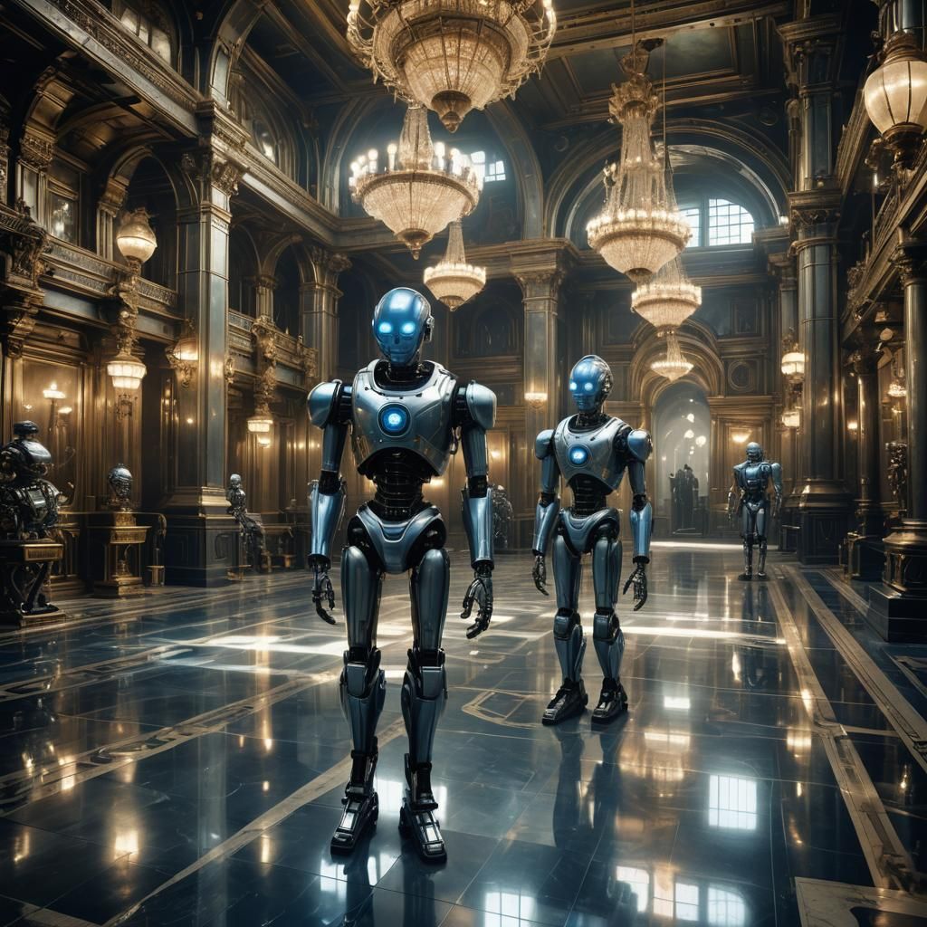 Android Servants in Opulent Hall: Surreal Digital Art