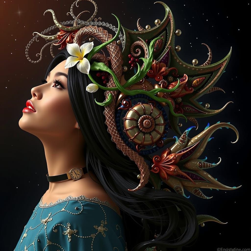 Photorealistic Woman Against Starry Night Sky with Fractal P...