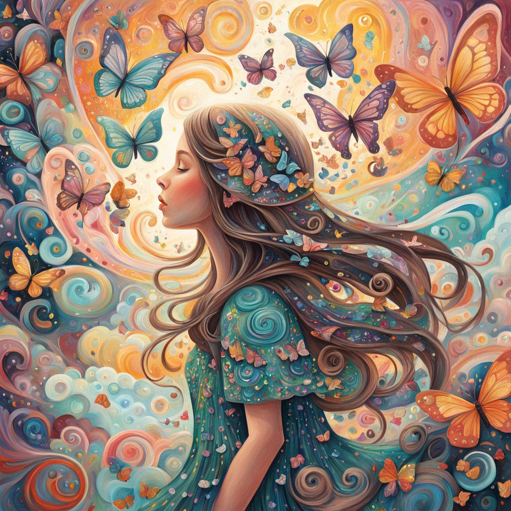 Fantastical Girl with Butterfly Hair in Dreamy Landscape