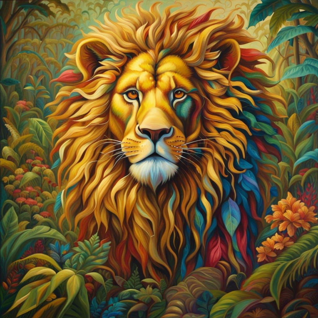 Golden Lion in Jungle, Fantasy Oil Painting
