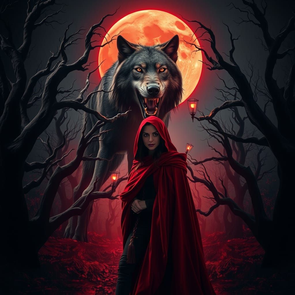 Surreal Double Exposure of Red Riding Hood in a Haunting For...