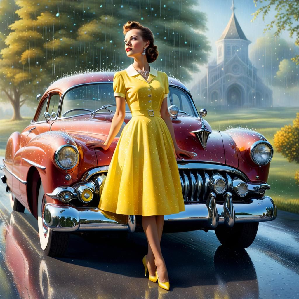 1950s Woman and Car with Holographic Glow