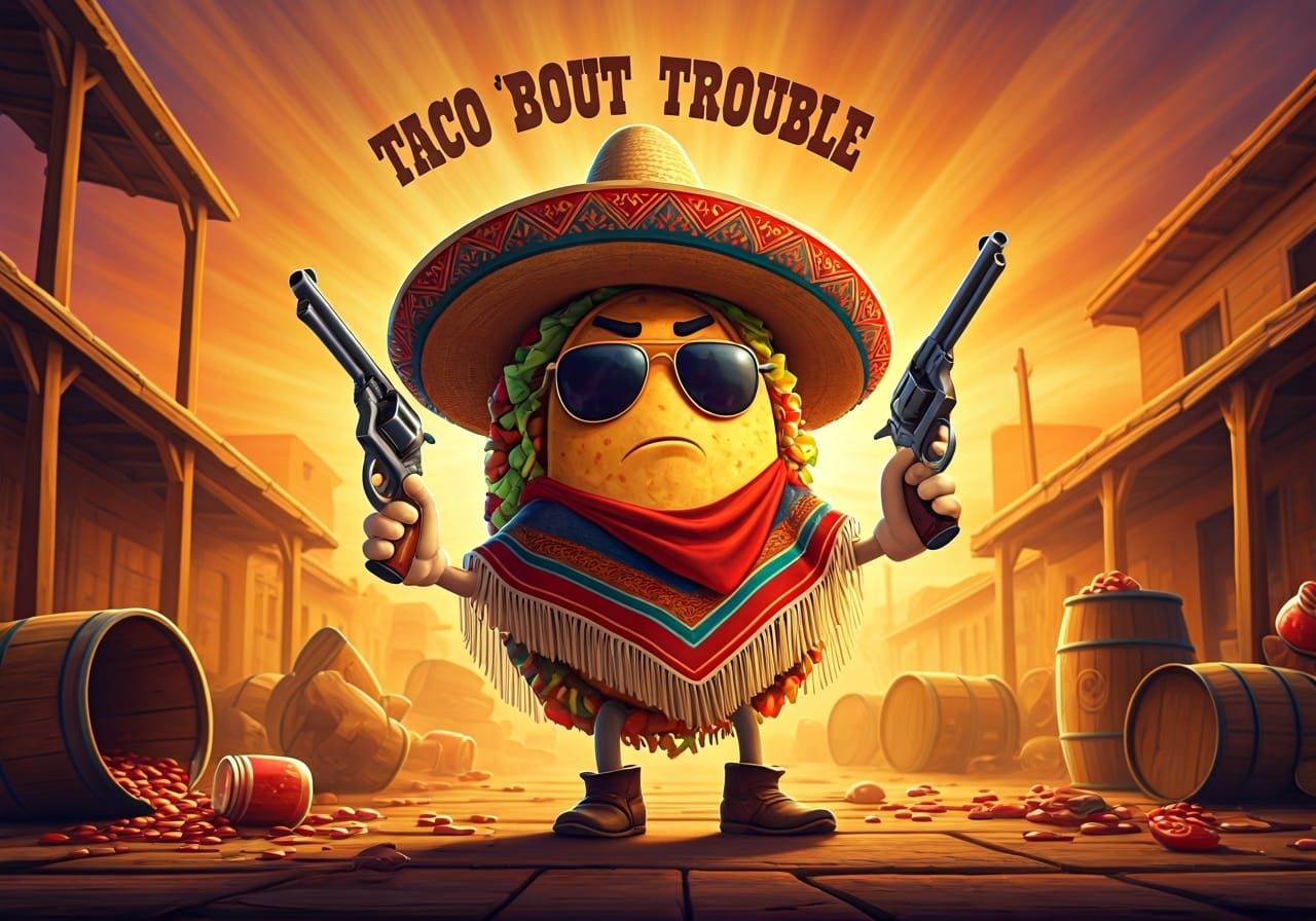 Pixar-Style Taco Gunslinger in a Western Scene