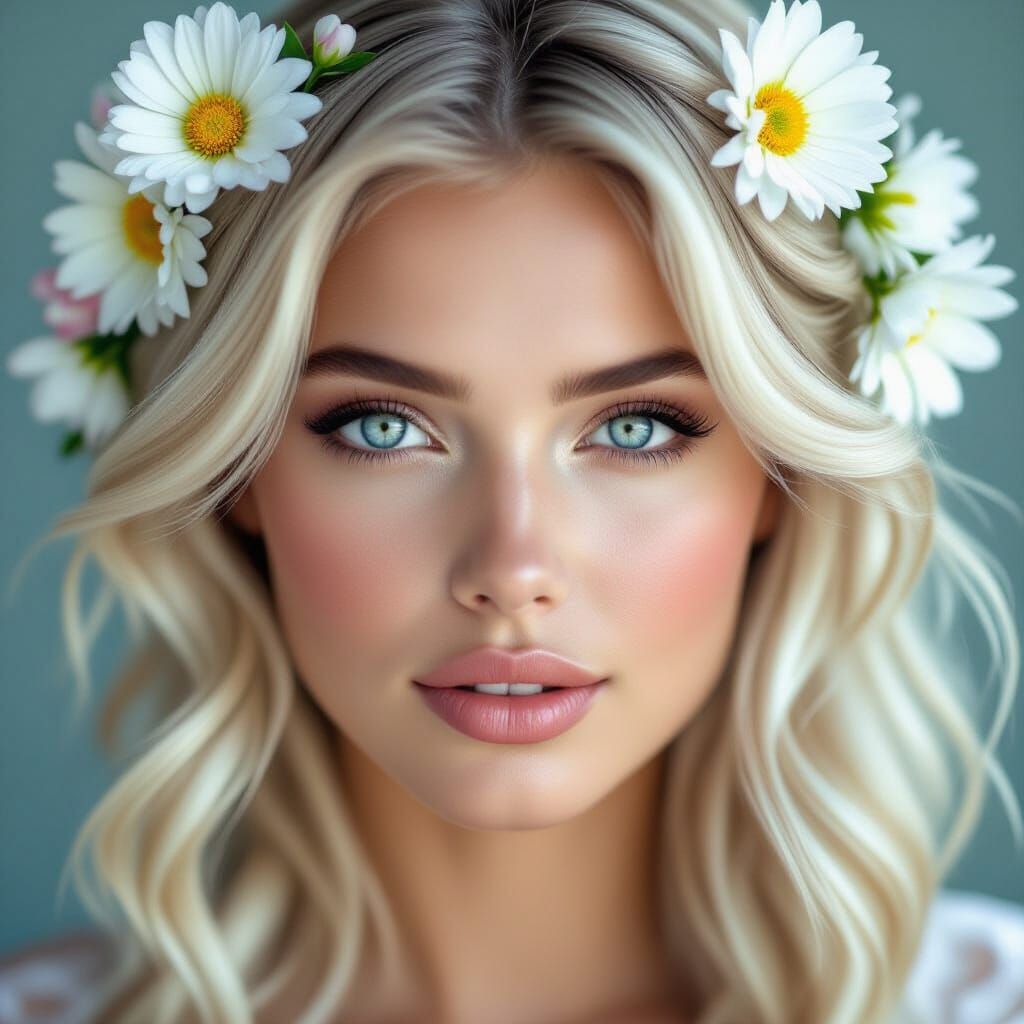 Beauty with Flowers in Her Hair and Blue Eyes