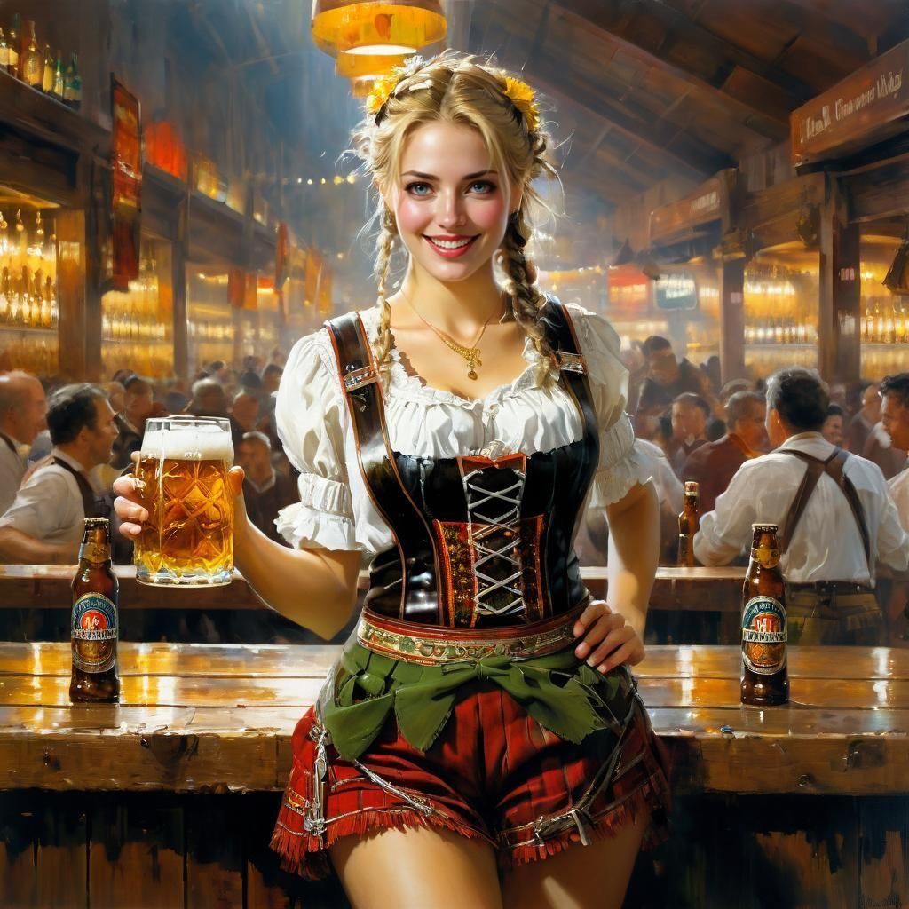Octoberfest Barmaid Serving Beer: Fine Art Painting
