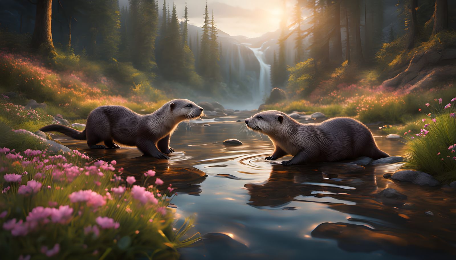 Wildflower Forest with Otters: A Cinematic Digital Painting