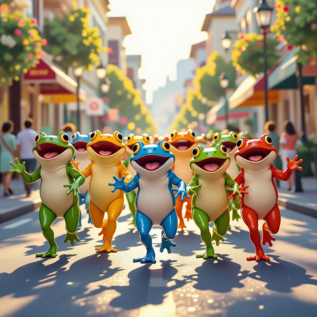 Whimsical Frogs Parade Singing in Golden Hour