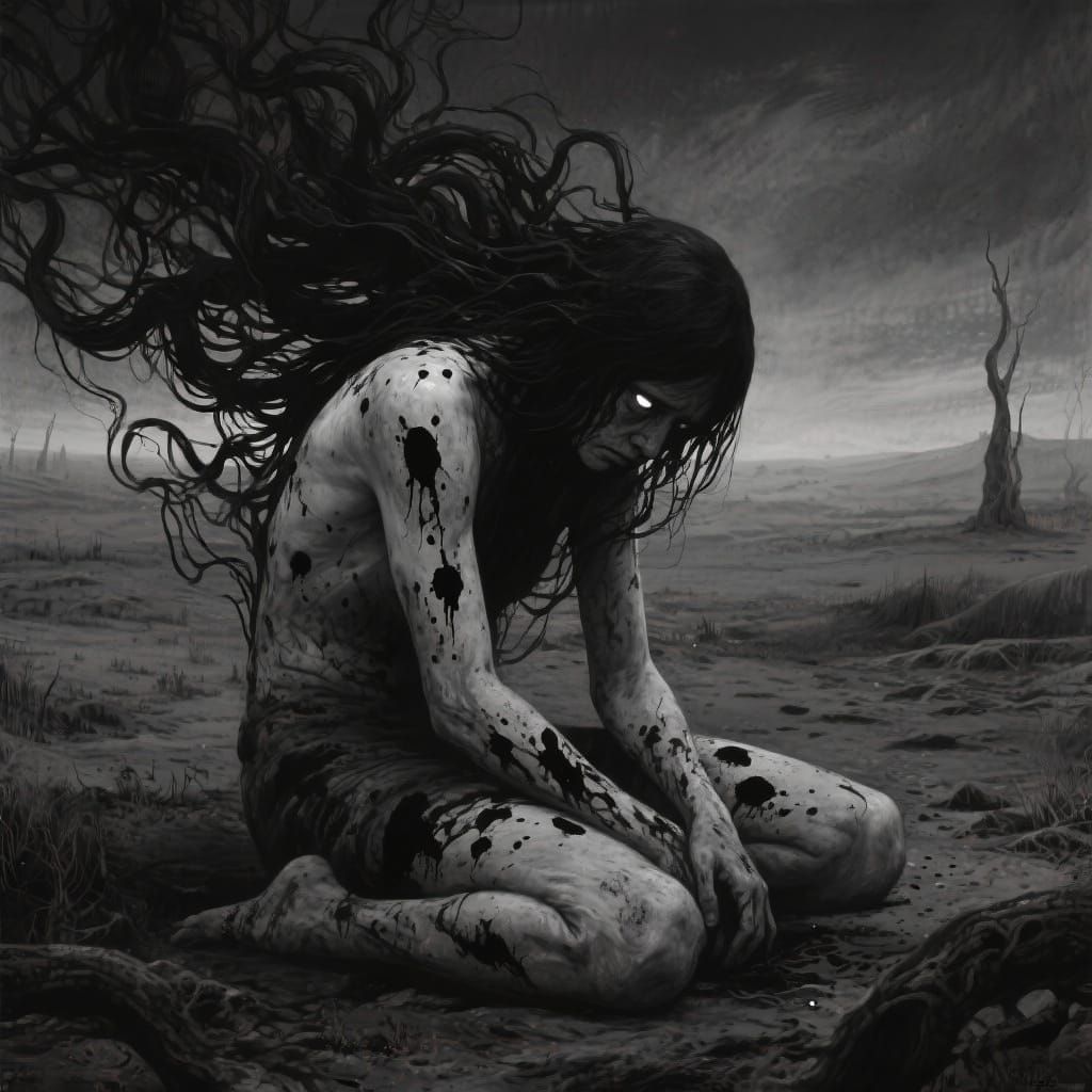 Figure Consumed by Apathy in Surreal Desolate Landscape