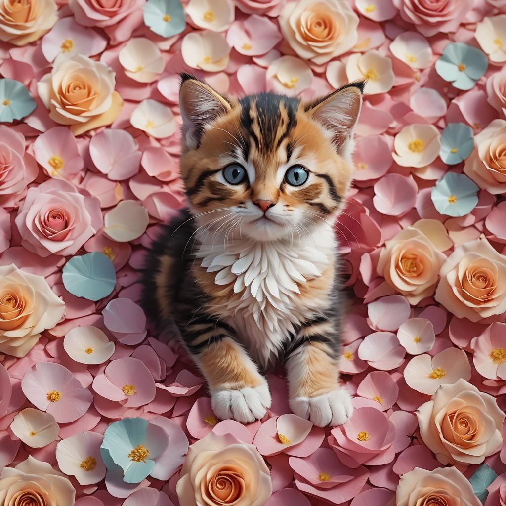Resting Kitten Surrounded by Rose Petals in 3D Anime Art