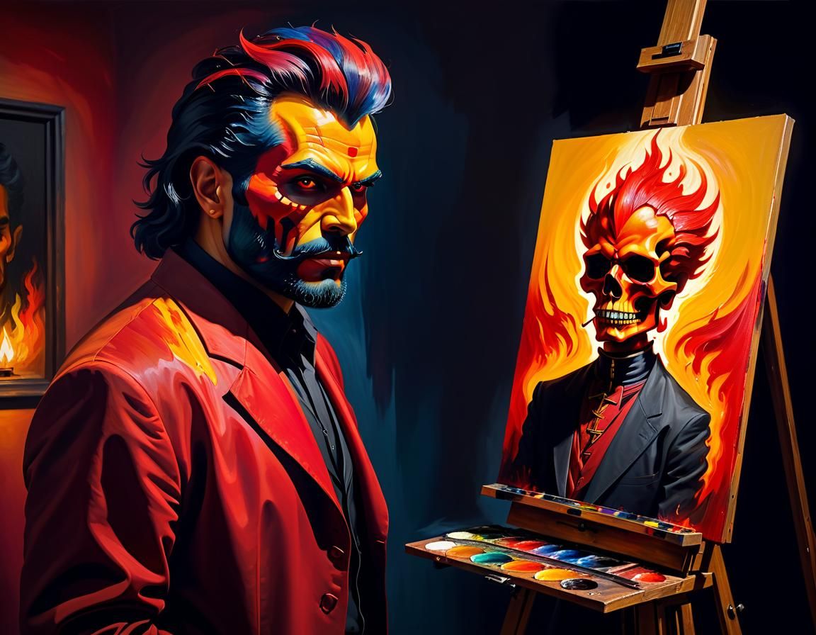 El Diablo Painting a Portrait in Expressionist Oil