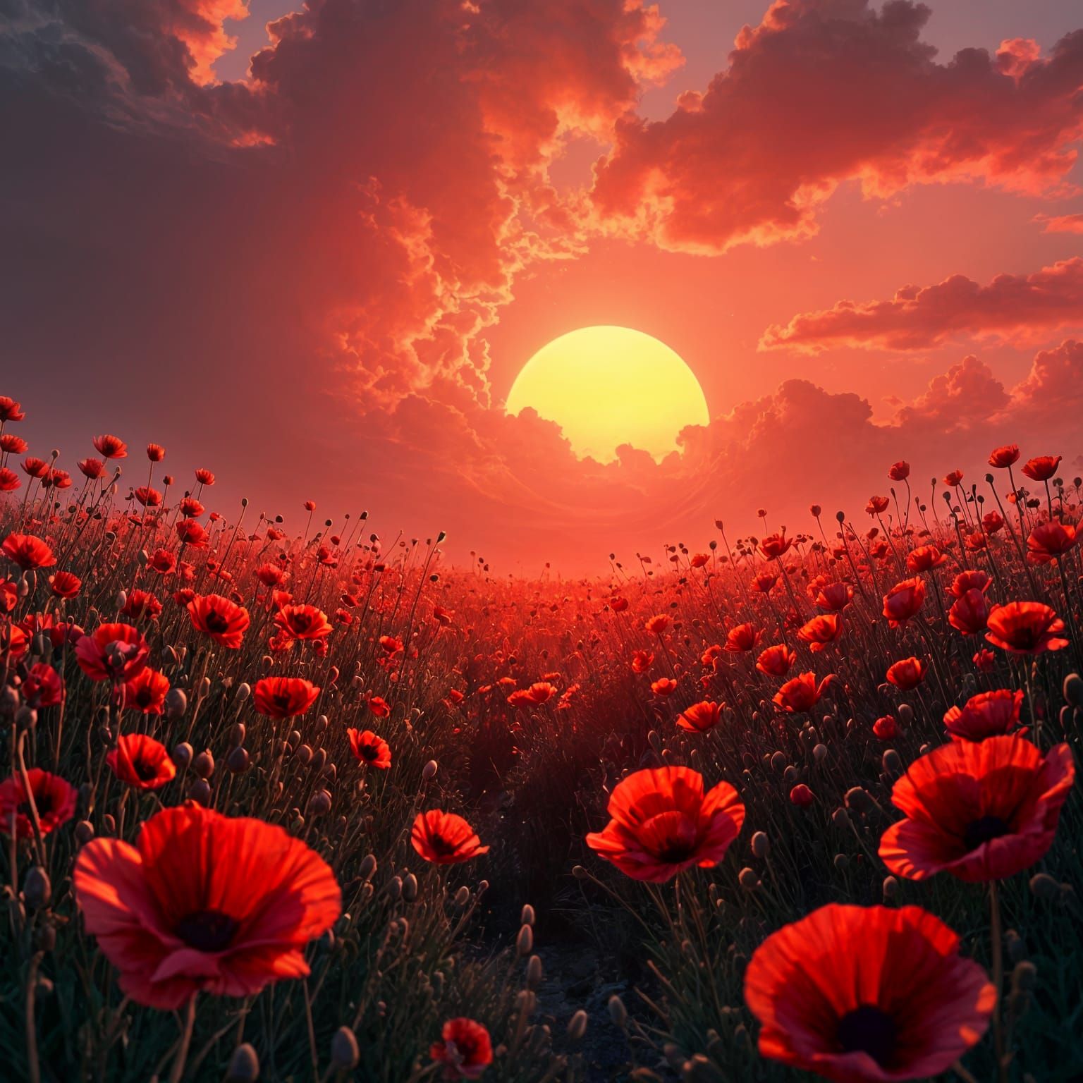 Poppies Under Red Sky: Detailed Matte Painting
