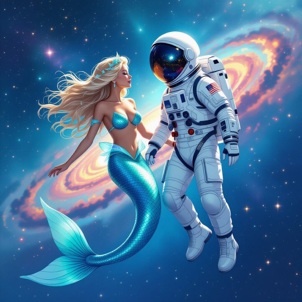 Mermaid and Astronaut in Dreamlike Zero Gravity