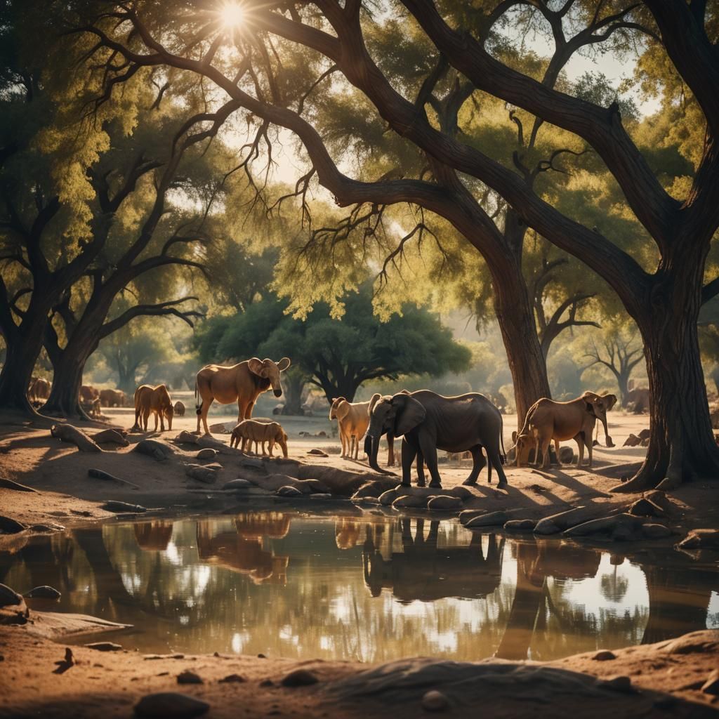 Animals at Watering Hole in Golden Light