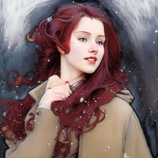 Beautiful Redhead in Snowfall, Hyper-Realistic Portrait