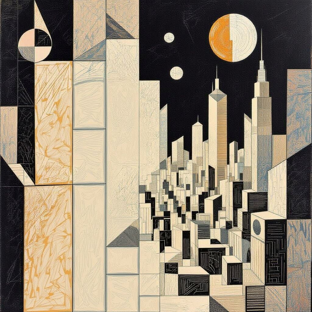 Retrofuturistic Cubism in Woodcut Style