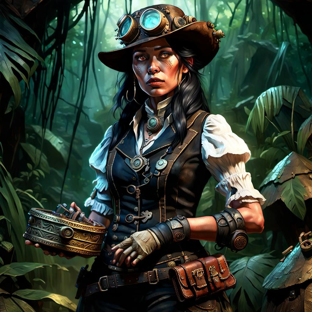 Steampunk Archeologist in Jungle Hut, Dark Fantasy Art