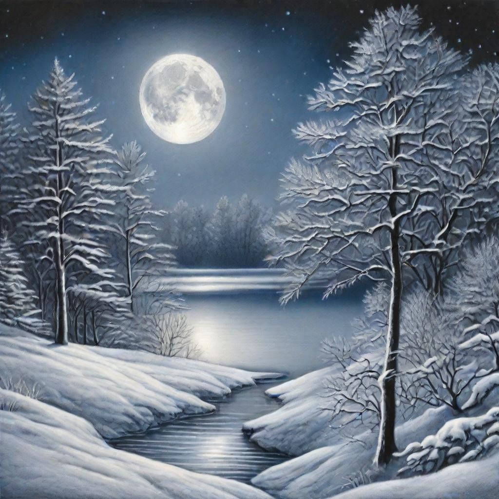 Moonlit Winter Lake: Hyperdetailed Charcoal Drawing