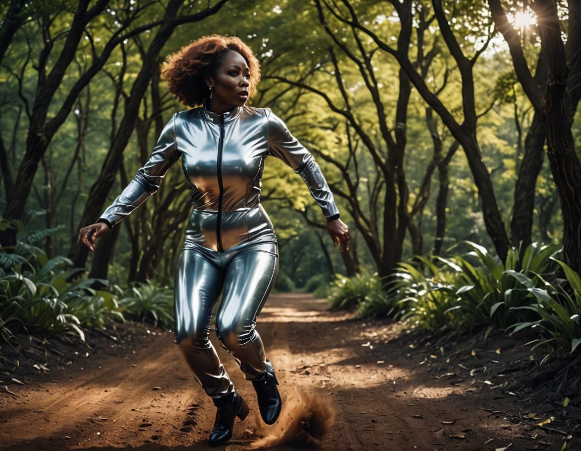 African Woman in Latex Catsuit Running: Cinematic Still