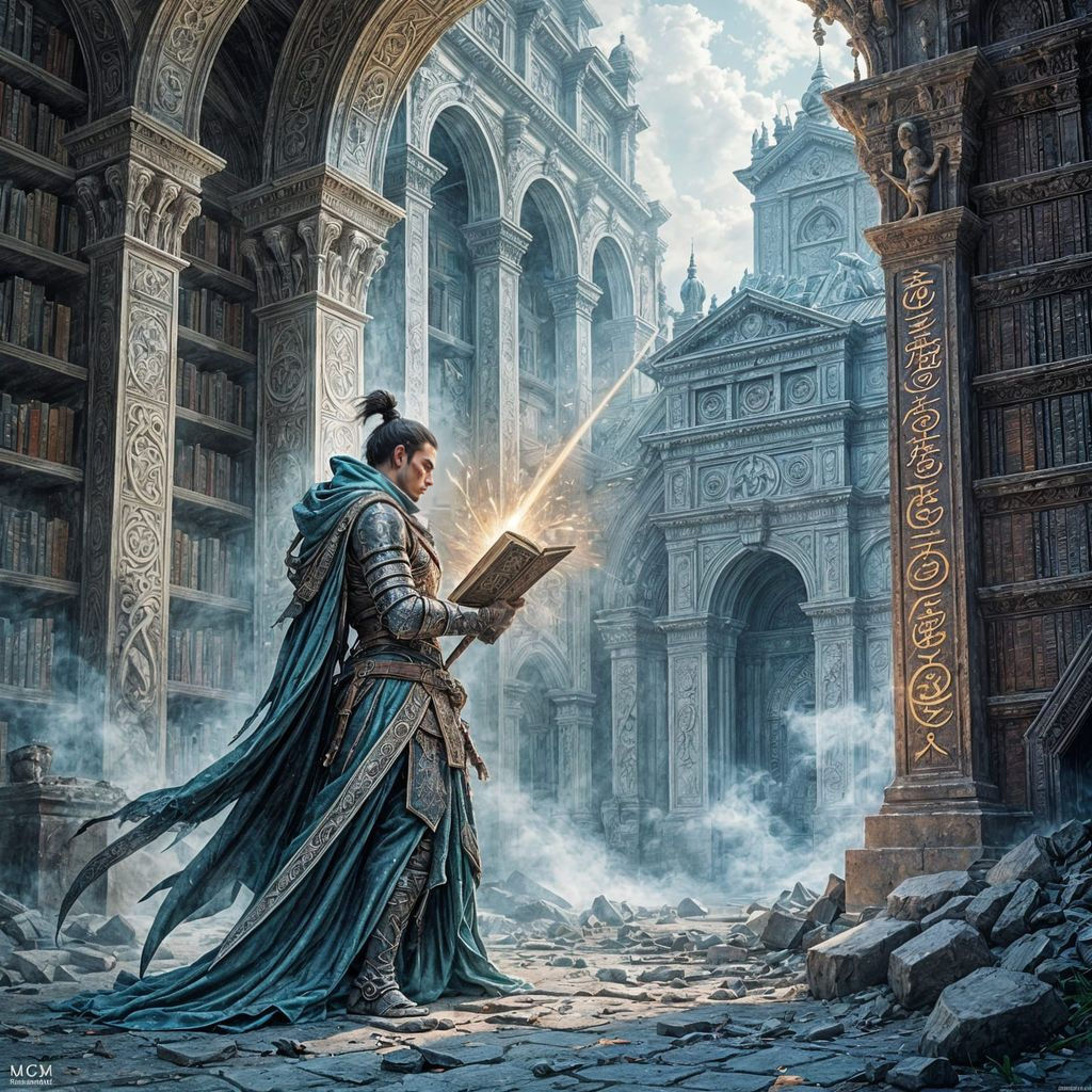 Swordsman with Glowing Tome in Ancient Library