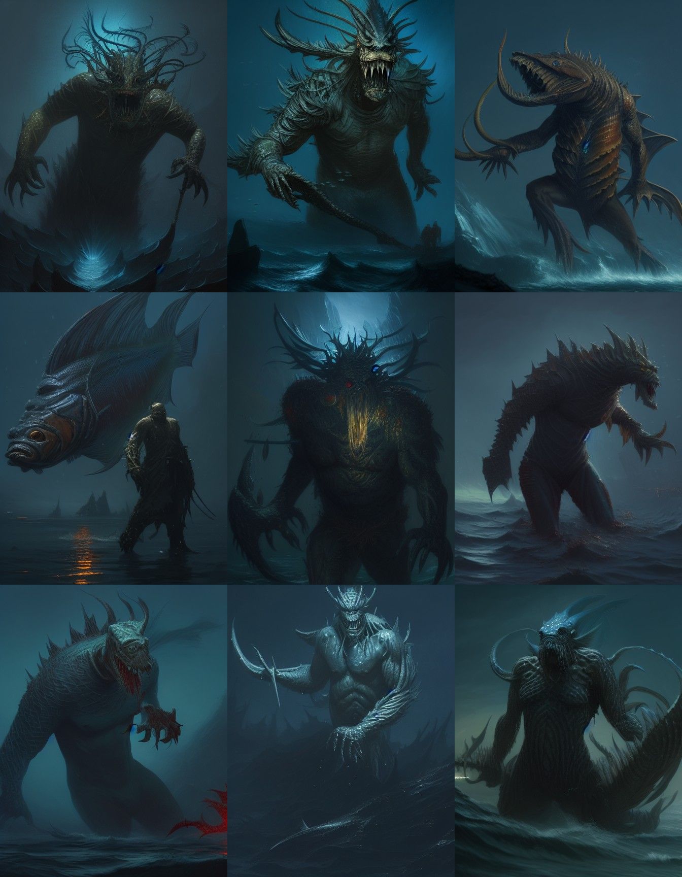 Fish-Man Monster on Shore: Dark Fantasy Art