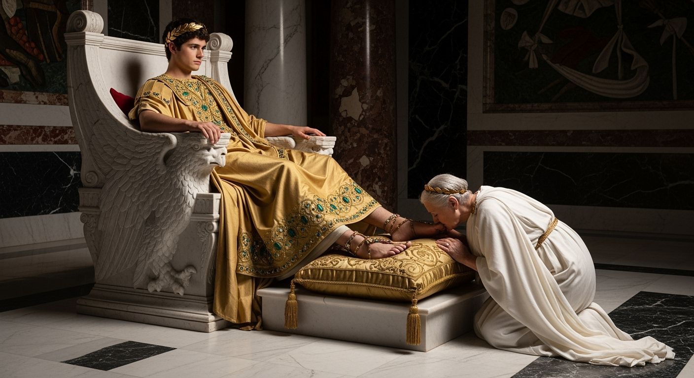Emperor Nero on Gold Triclinium in Opulent Throne Room
