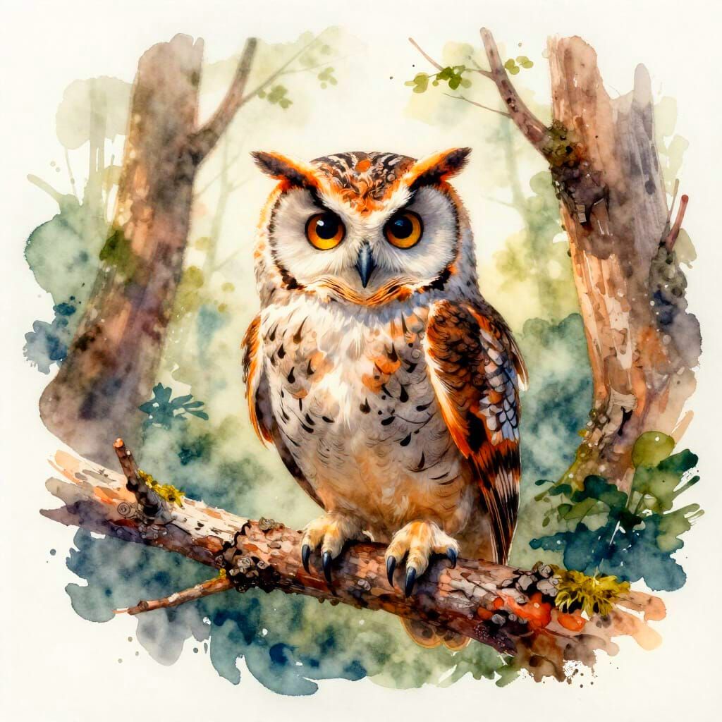 Wise Owl on Forest Branch in Watercolour Style