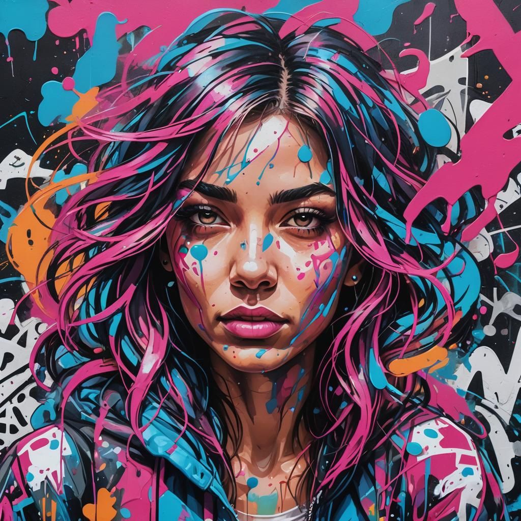 Dynamic Street Art Portrait of Girl with Graffiti