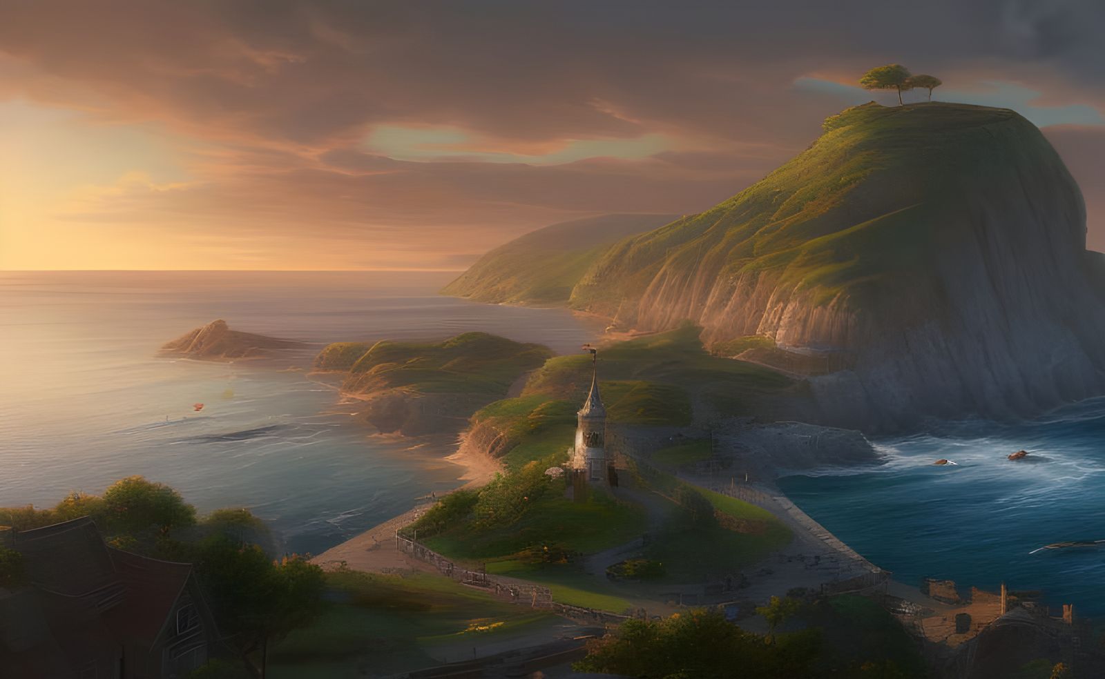 Hyper-Realistic Seaside Town at Sunrise in Digital Art