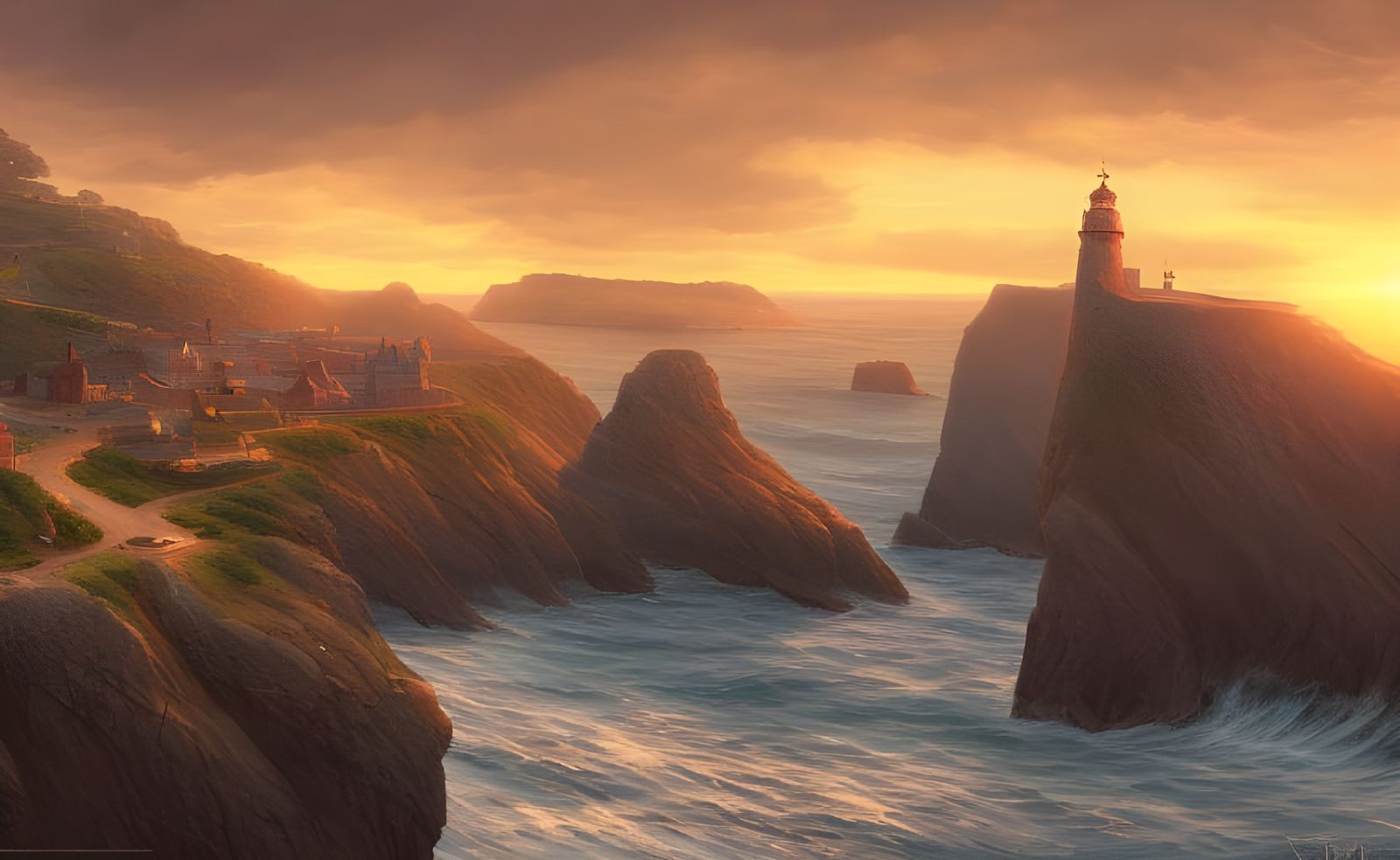 Hyper-Realistic Seaside Town at Sunrise: Digital Art