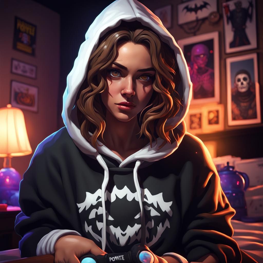 Girl Gaming in Dark Bedroom with Halloween Decor