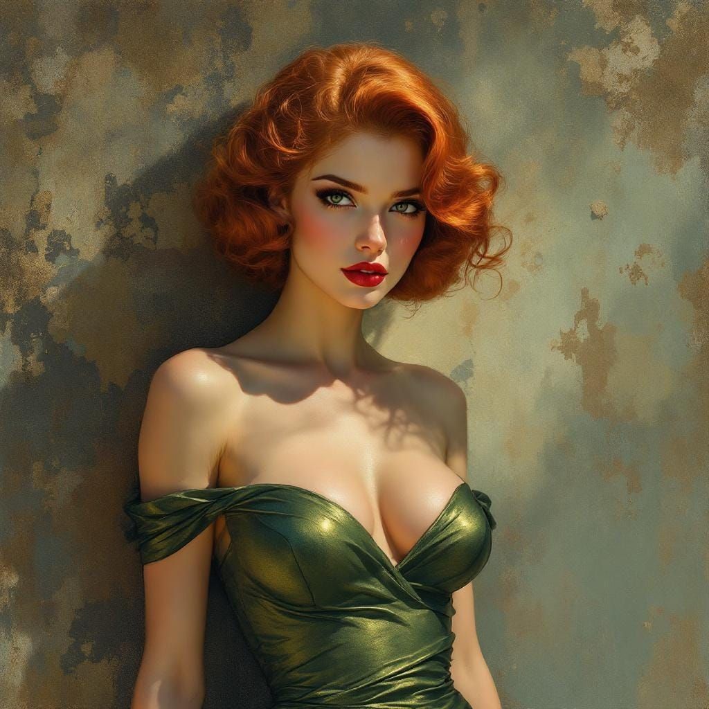 Redhead Pin-Up in Art Nouveau and Tonalist Fusion