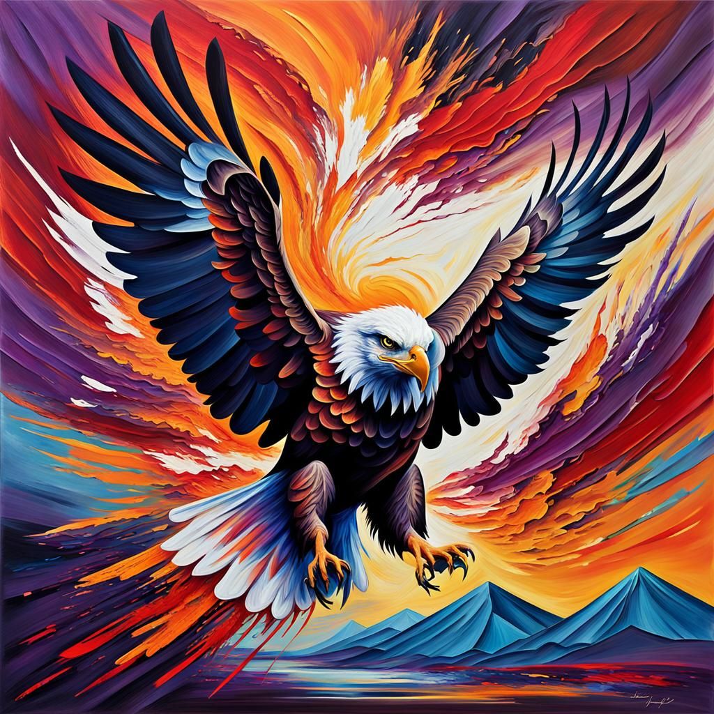 Abstract Expressionist Eagle in Fiery Sunset