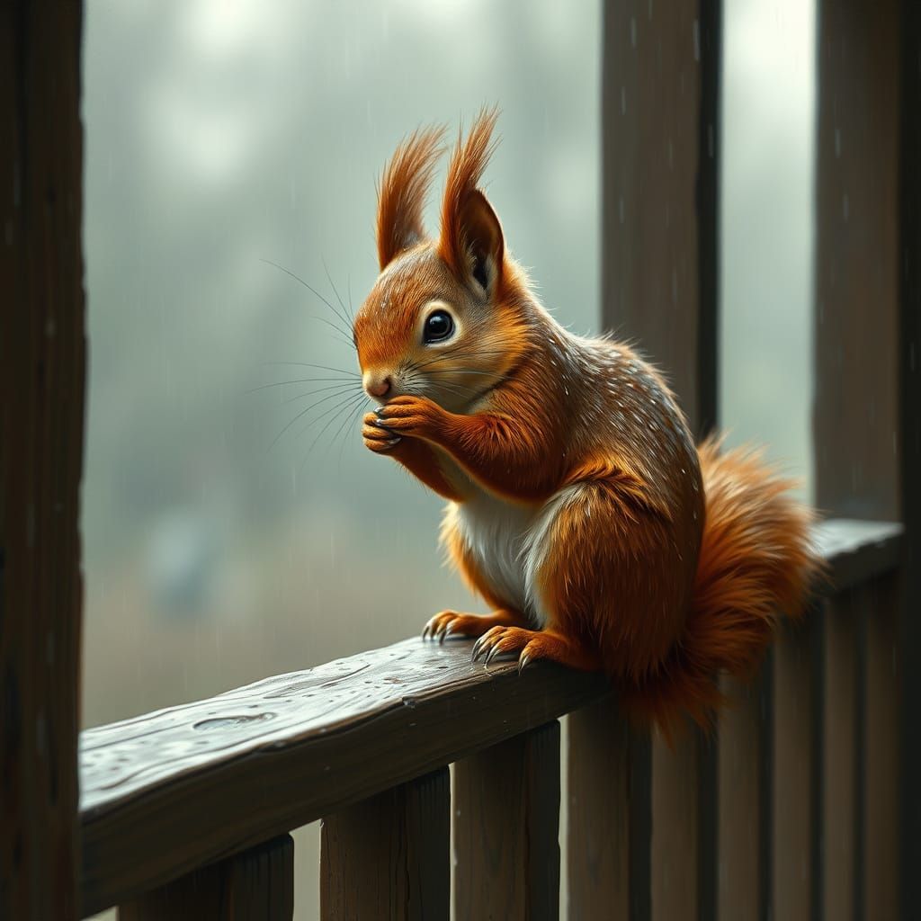 Red Squirrel in Rain, Painterly Illustration