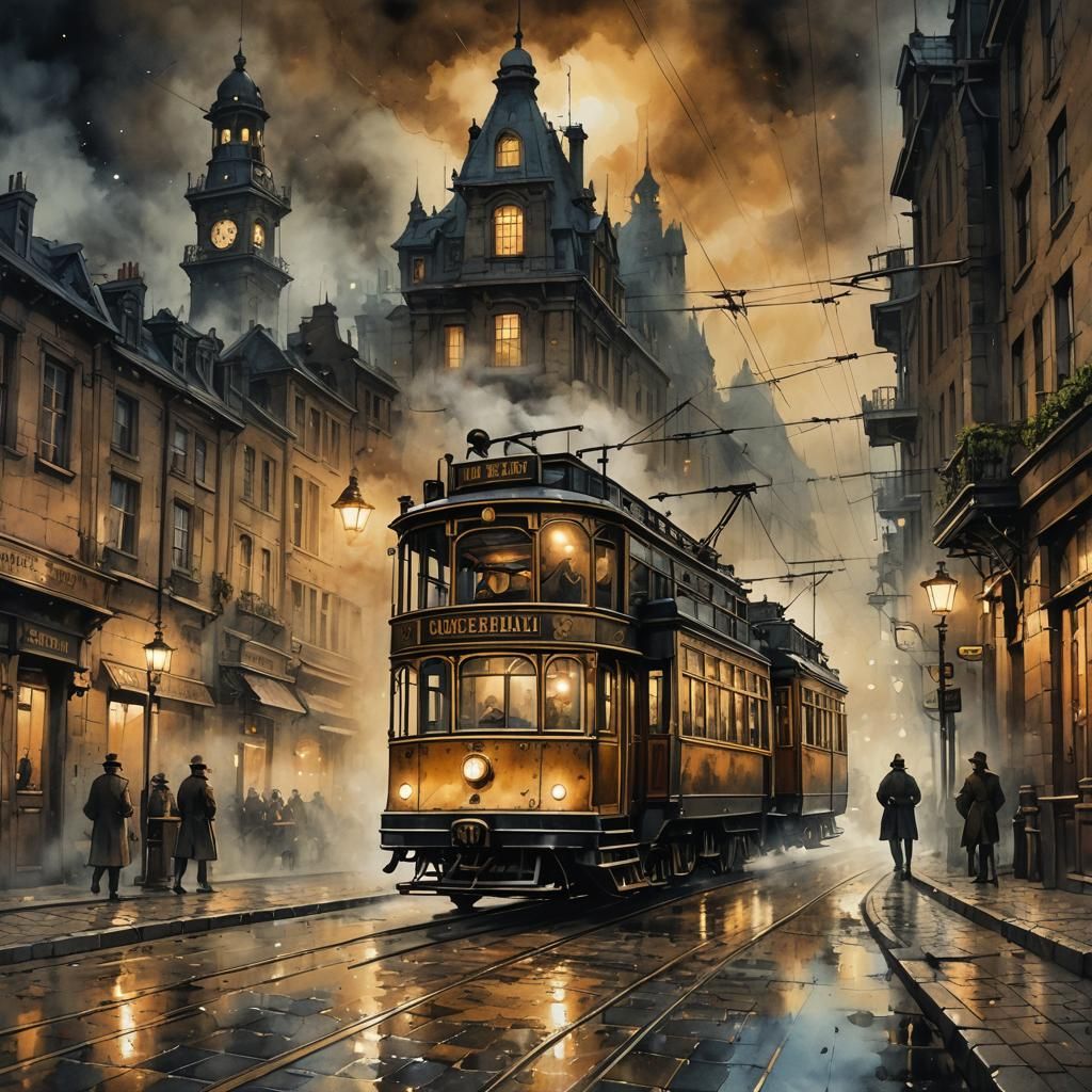 Steampunk Tram at Night in Ink Painting Style